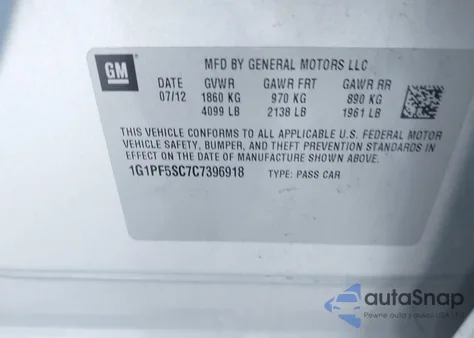 2012 Chevrolet Cruze 1Lt z USA, uszkodzony, nr VIN 1G1PF5SC7C7396918